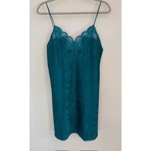 Vintage Deena Teal Jacquard Floral Lace Trim Chemise Slip Dress‎ Size 36 8007R